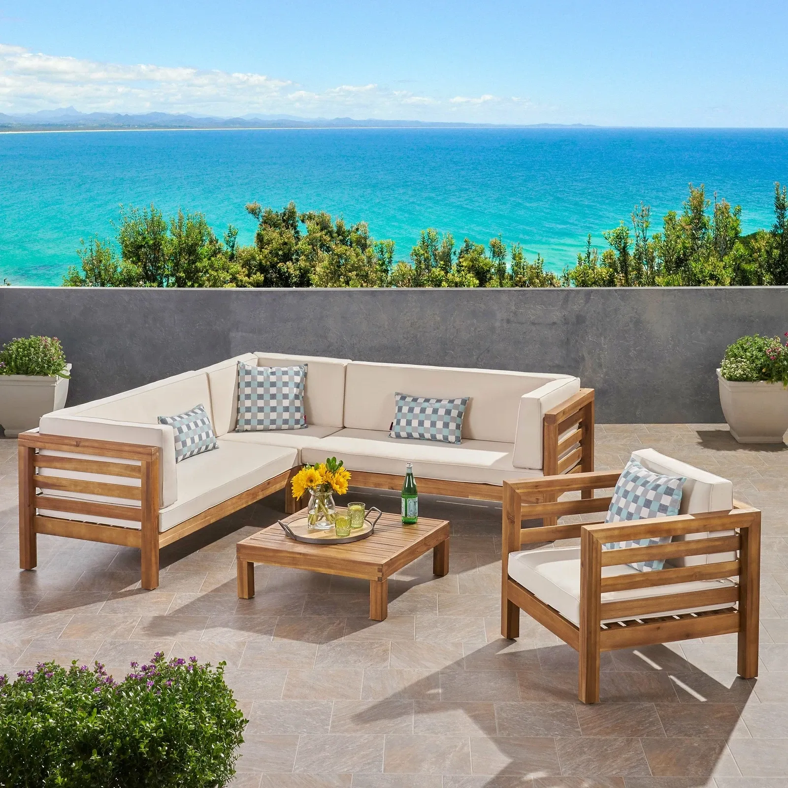 6-Seater Emma Outdoor Acacia Wood Sectional Sofa and Club Chair Set