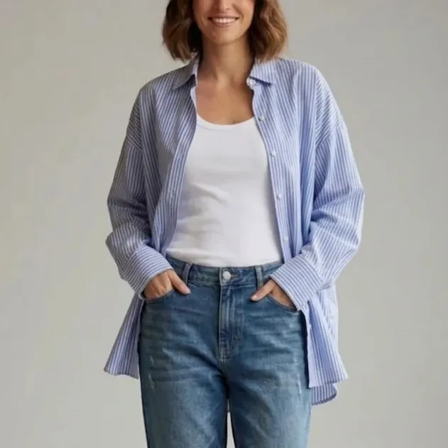 Ladies Cotton Blend Striped Button Up Shirt