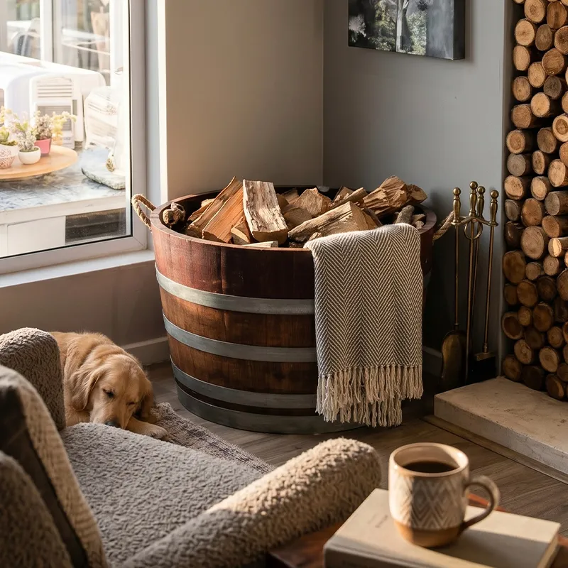 Wine Barrel Firewood Holders with Rope Handles