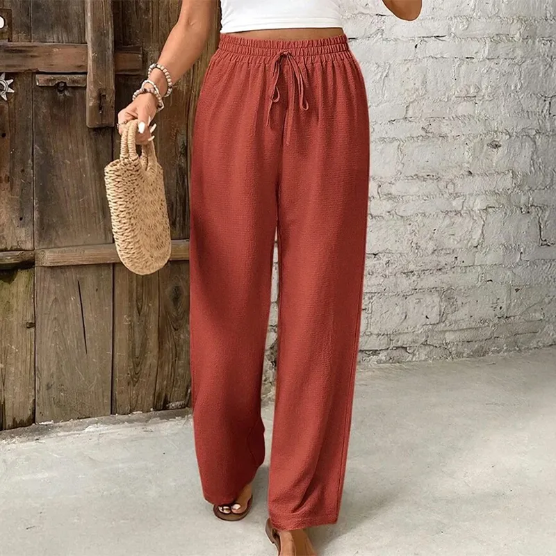 Ladies Cotton and Linen Wide Leg Flowy Pants with Pockets