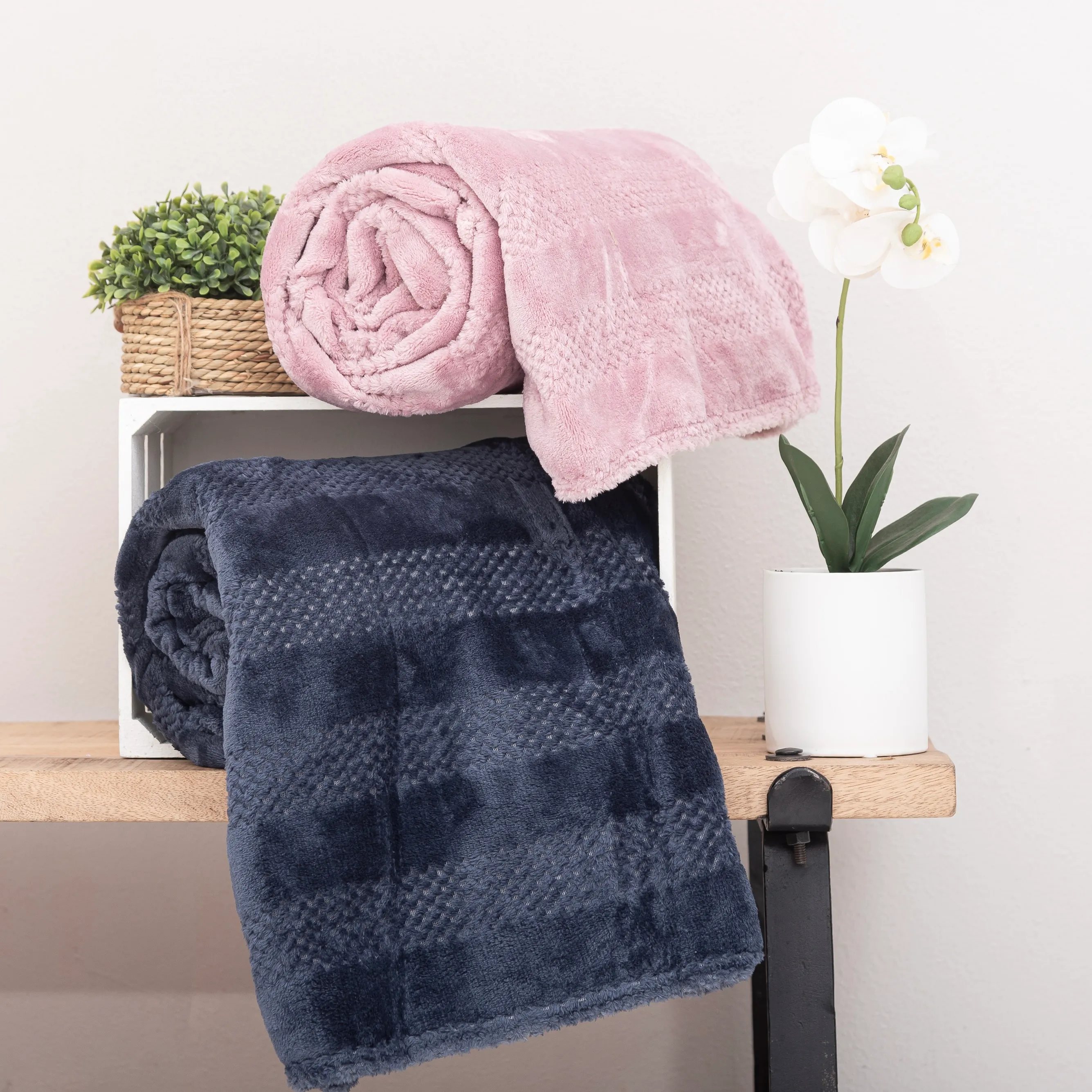 Stripe Waffle Flannel Fleece Throw