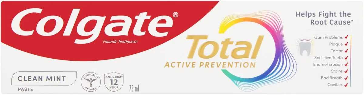 Colgate Total Active Prevention Fluoride Toothpaste, Clean Mint (75ml)