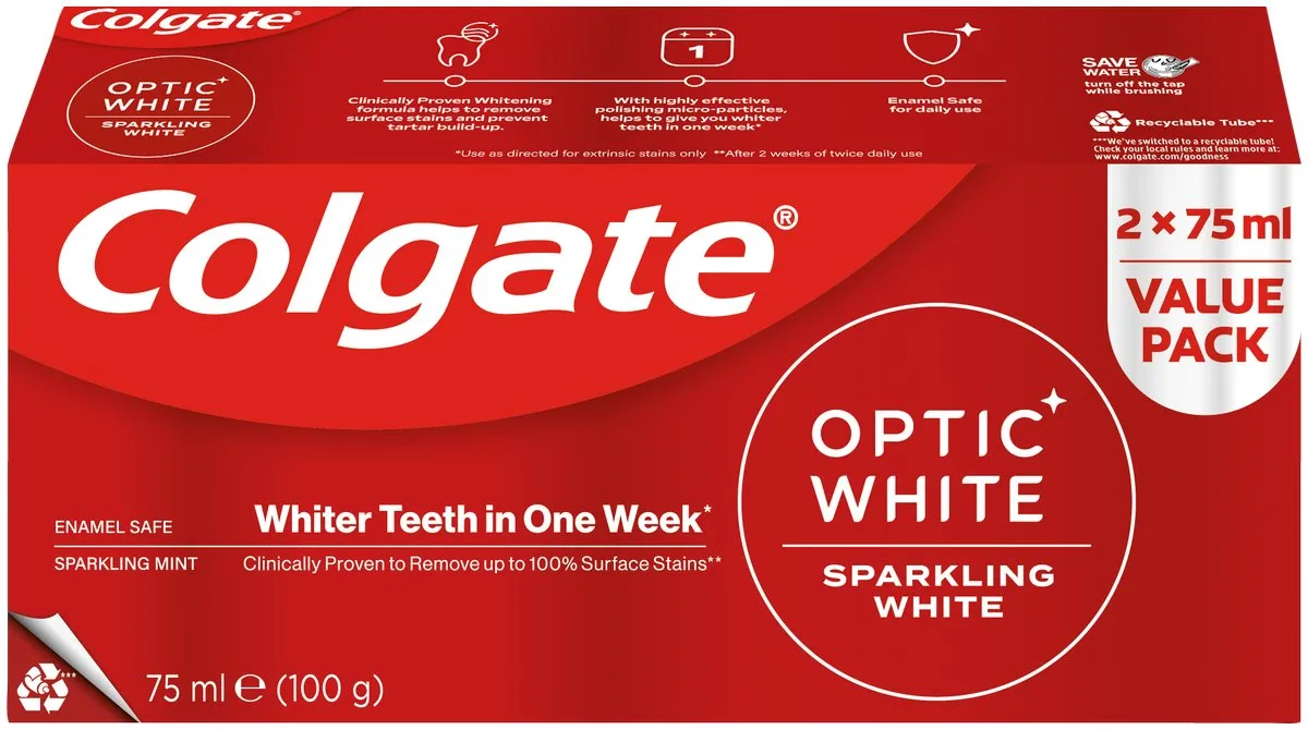Colgate Optic White Whitening Toothpaste, Sparkling White (2x75ml)