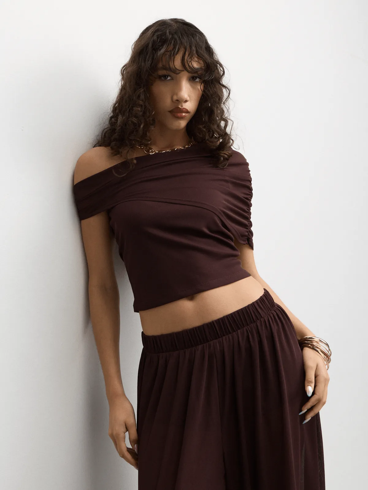The FIX Women's Brown Co Ord Chiffon Bardot Drape Top