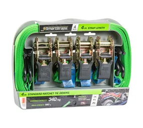 Smart Straps 4 x 340 kg Lashing Capacity Padded Ratchet Tie Downs Green 4000 mm