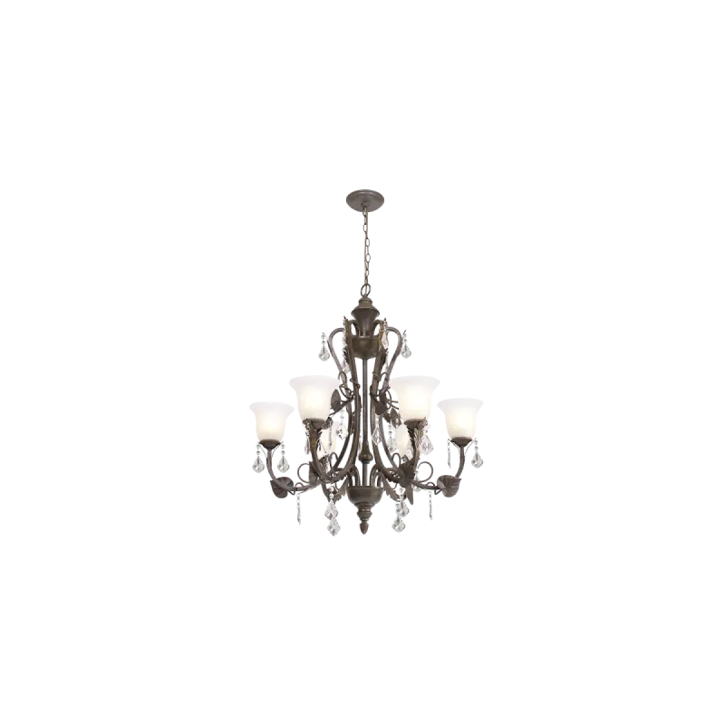 Bright Star Lighting - 6 Light Metal Chandelier with Fluted Alabaster Glass and Crystal Drops