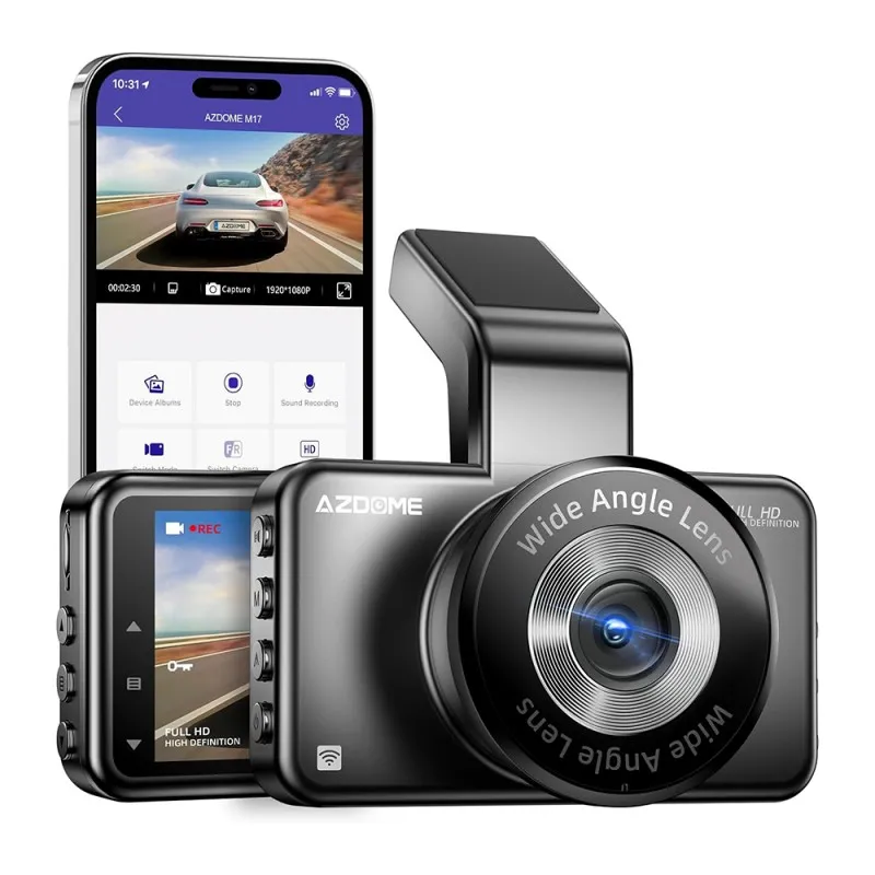 AZDOME M17 Wi-Fi Dash Cam - Smart Dash Camera with Driving Assistant ADAS / FHD 1080P Recorder / 3 Screen / Dashboard Camera / 150° Wide Angle