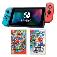 Switch Console Red/Blue 2022 + Super Mario Odyssey + Super Mario Bros. Wonder