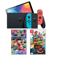 Nintendo Switch OLED Model - Red/Blue + Mario Kart 8 Deluxe + Super Mario 3D World + Bowser's Fury