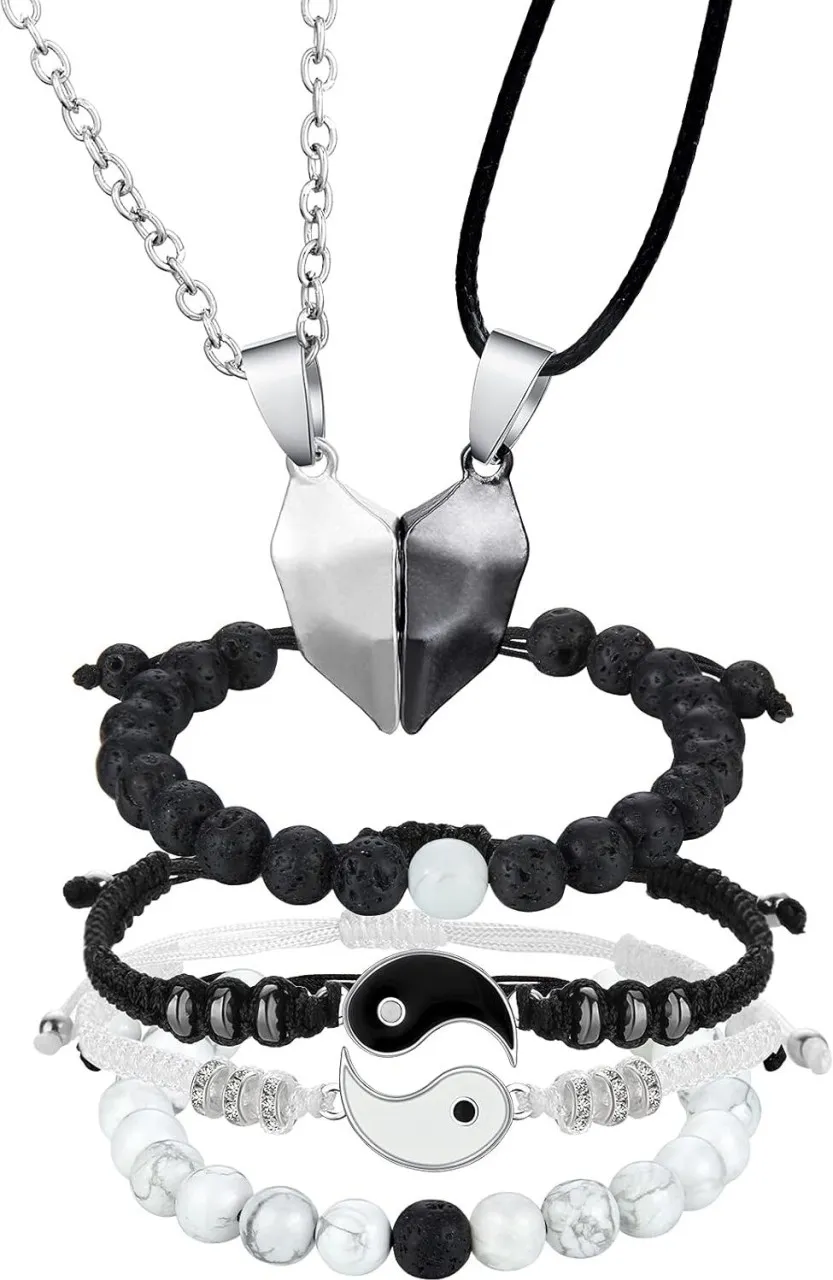 6 Pieces Matching Yin Yang Friend Couple Bracelets with Necklace Set, Adjustable Waterproof Handmad…