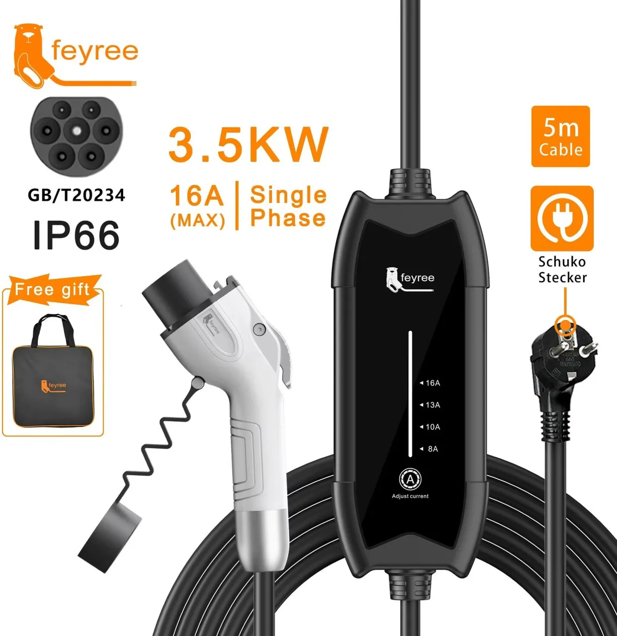 TAOJIANG Electric vehicle charger type 2 16A 3.5KW single-phase portable charging box Adjustable cu…