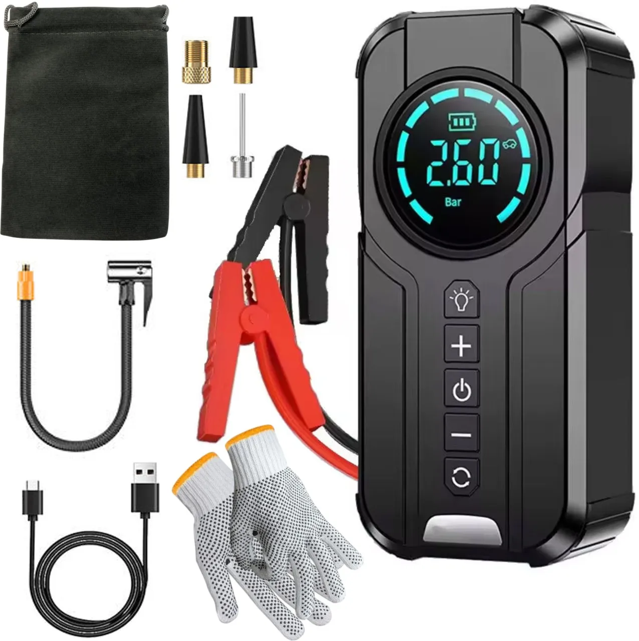 fame inc 4 In 1 Car Emergency Booster, Tire Inflator, Power Bank, Flashlight & Glove Battery Jumper…