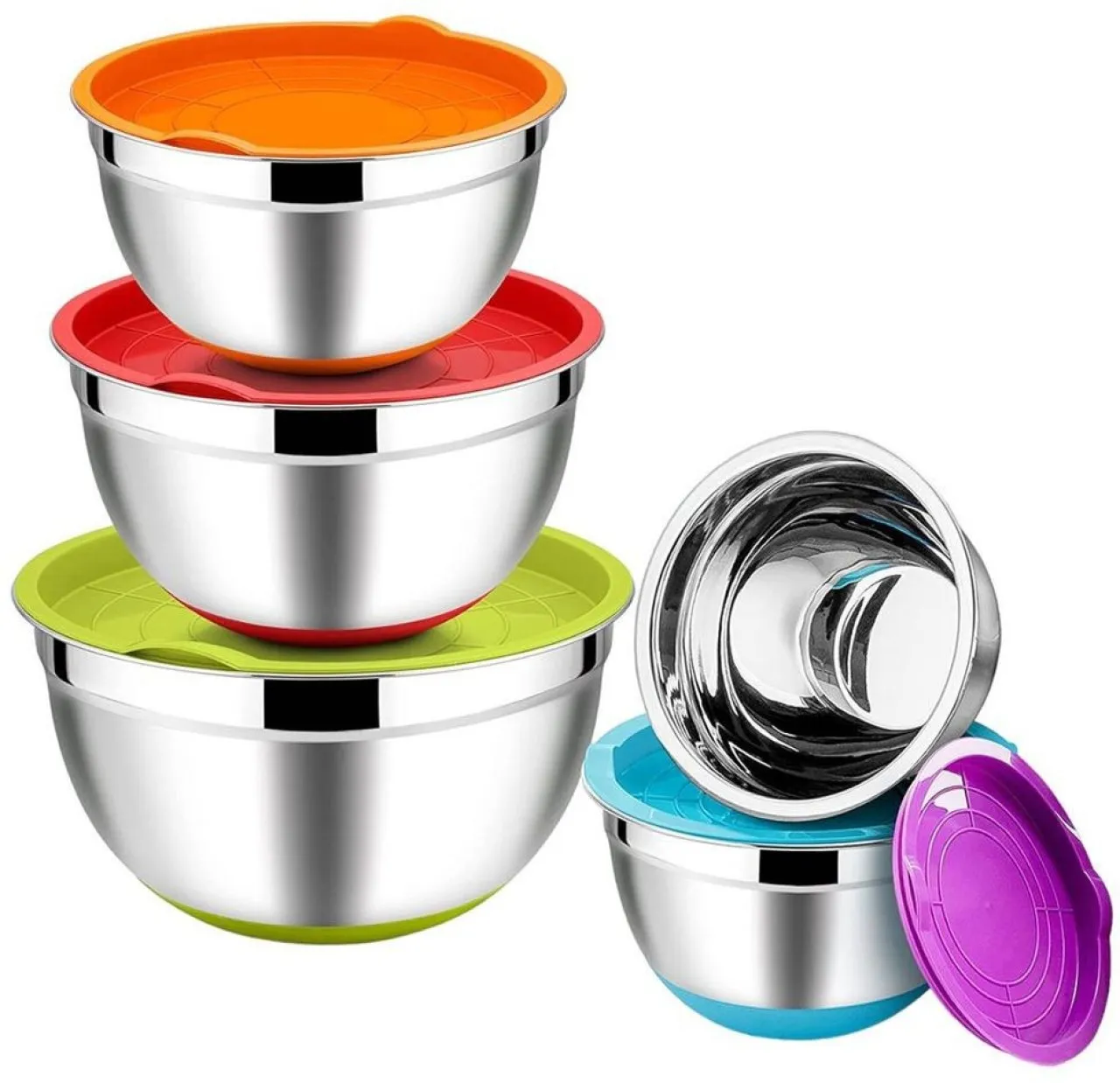 Generic Set of 5 Colourful Stainless Steel Nested Mixing Bowl with Airtight Lids Steel Storage Bowl