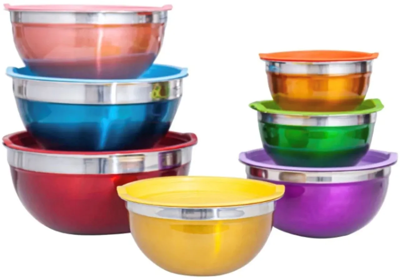 Creative Kitchens Set of 7 Mixing Bowls - Colour-Coded with Airtight Lids Stainless Steel Mixing Bo…