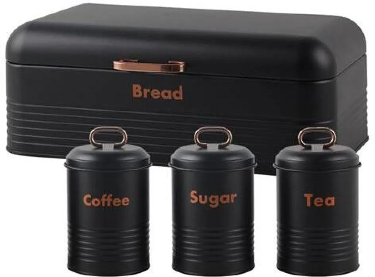 Totaly 4 Piece Breadbin And Canister Tin Set Combo Black Stainless Steel Bread Basket