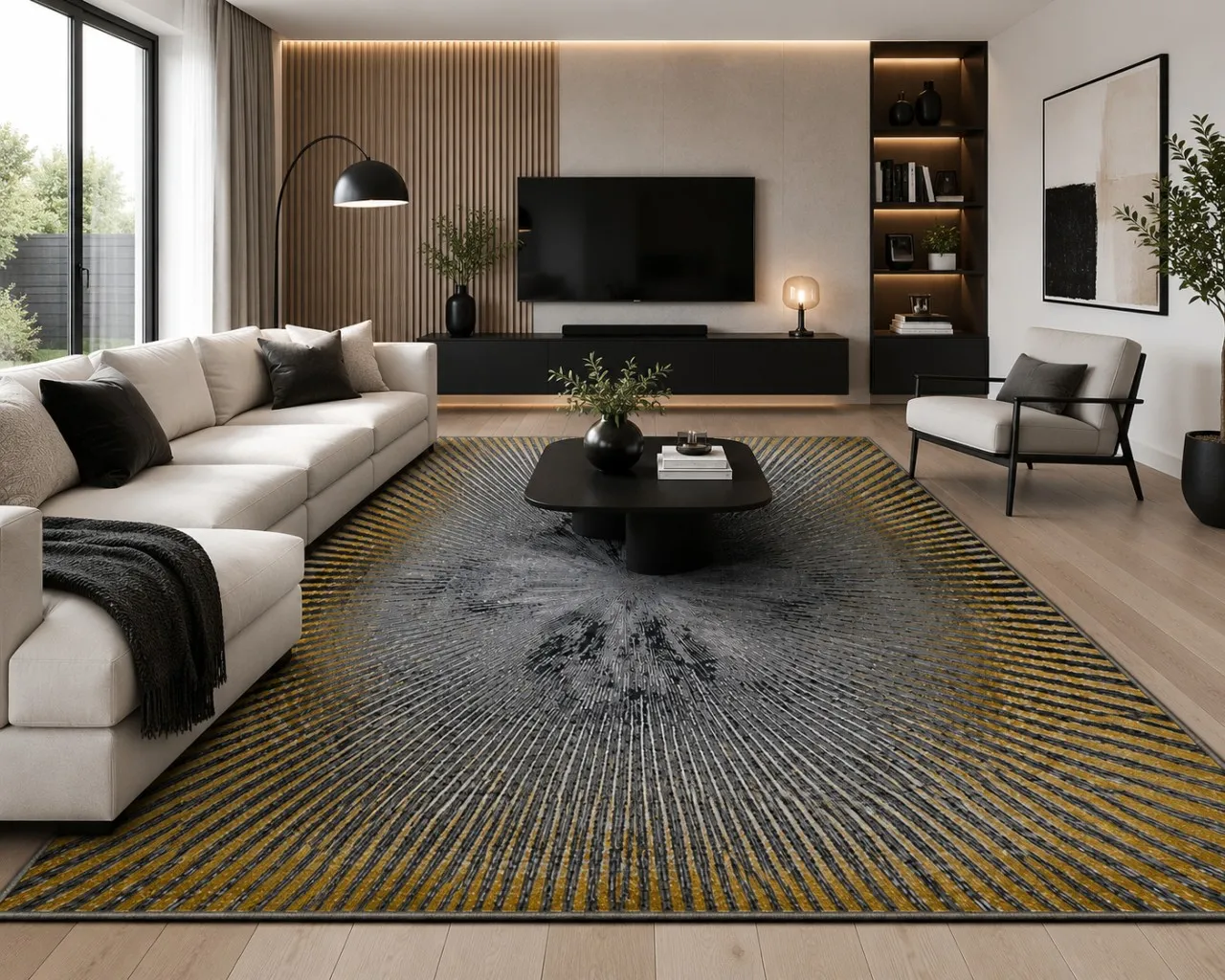 QH Luxury Grey & Gold Sunburst (Area Rug) Polypropylene Rectangle Shape