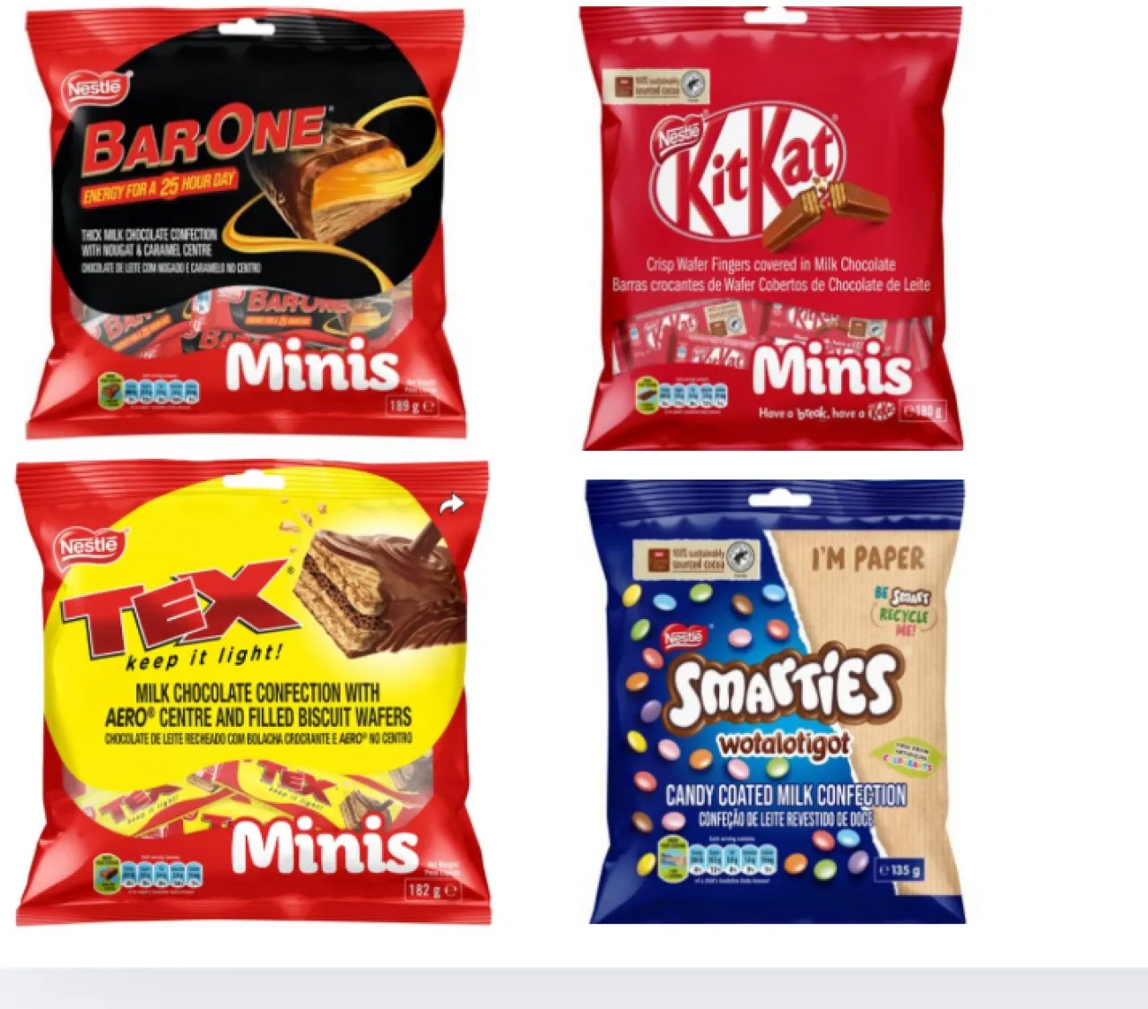 Nestle Mini Treats Variety Pack – 4 x 182g Bags (Smarties, Bar One, Kit Kat, Tex) Milk Chocolate Ba…