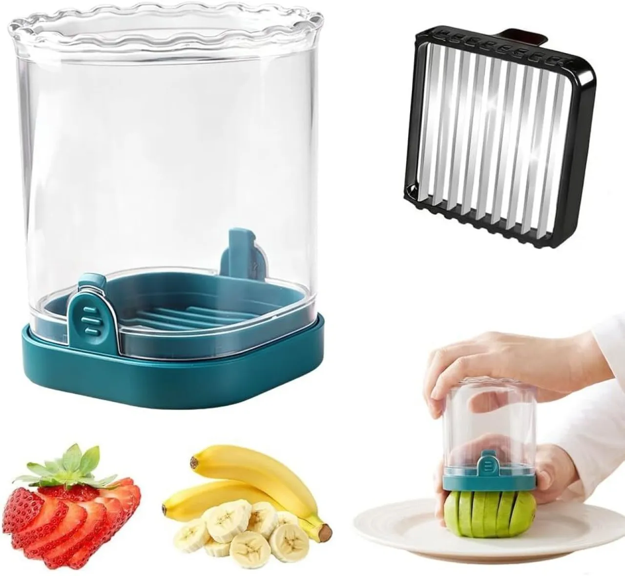 BOWENSTORE Strawberry Slicer Fruit Cutter with Push Plate, Detachable Blade & Thickened ABS Cup Fru…
