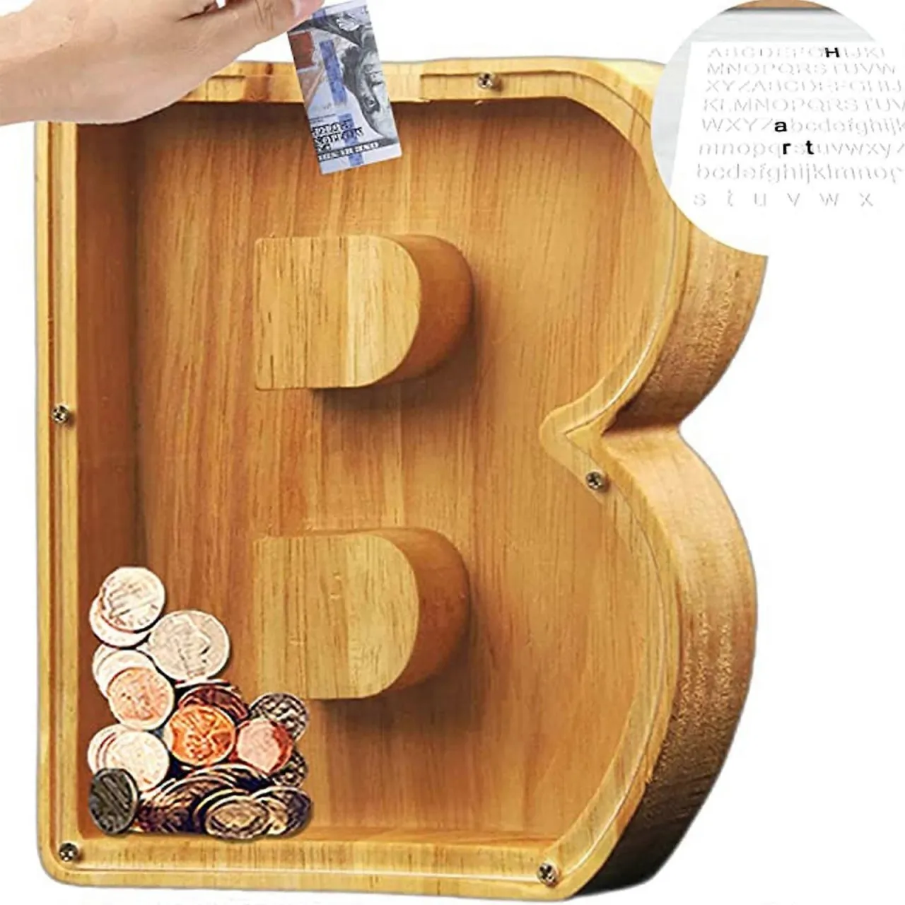 Max Wooden Piggy Bank Letter-Shaped Piggy Bank Money Box +DIY Sticker Xmas Gift Coin Bank