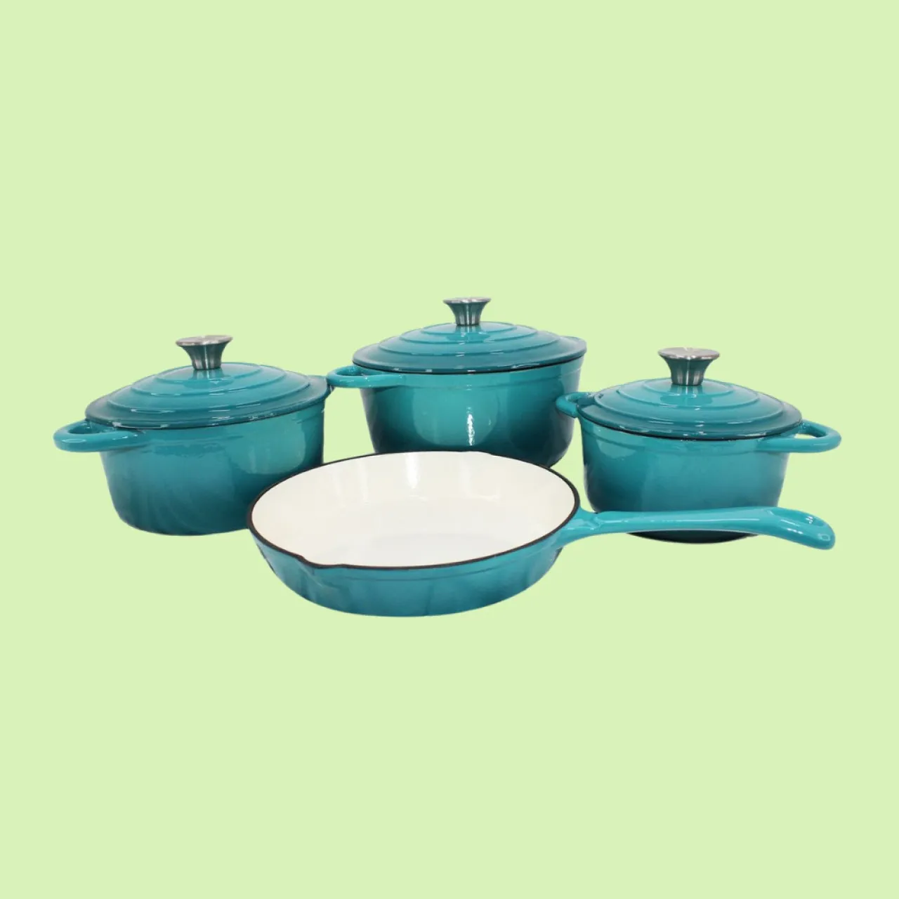 SMTE GB 4psc Cast Iron Pot set/Cookware Set - Blue Non-Stick Coated Cast Iron Cookware Set