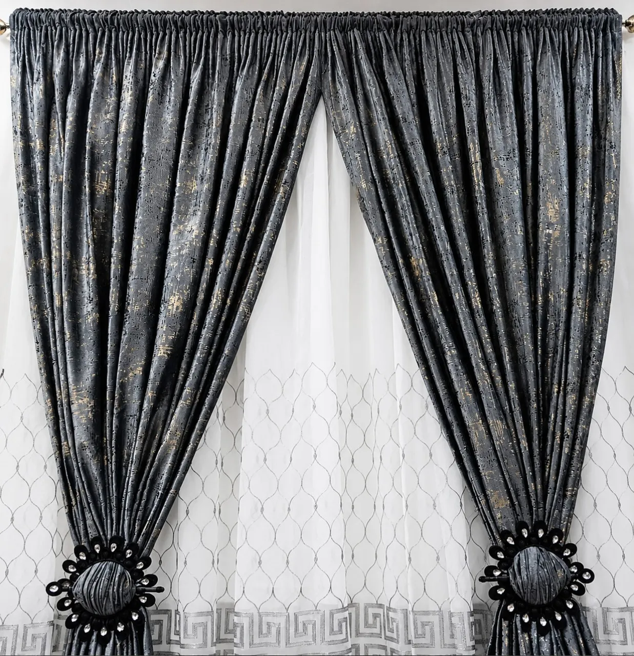 Stylish Grey Curtain Curtain With Lace Blackout (250 cm x 230 cm) Velvet, Cotton Curtain
