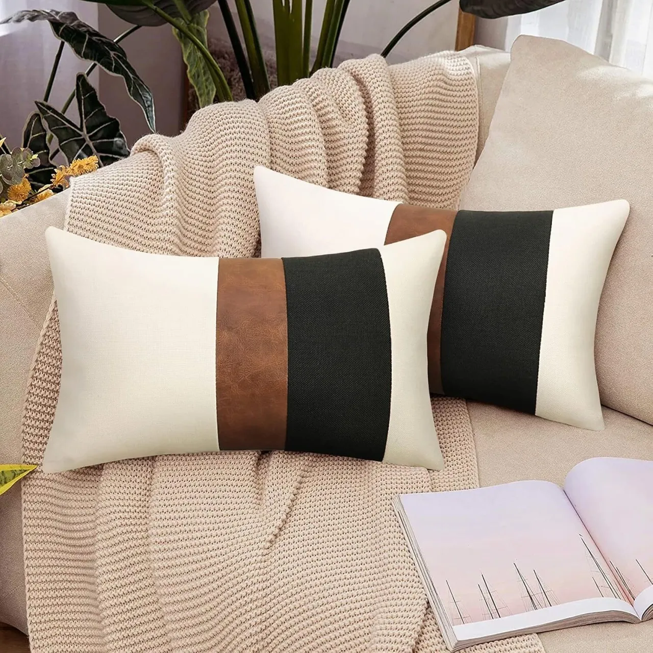 NEXUS Merrycolor Pack of 2 Thick Black Linen Farmhouse Lumbar Throw Pillow Cover Black Brown Decora…