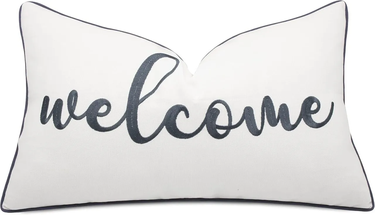 NEXUS Welcome Embroidered Decorative Lumbar Accent Throw Pillow Cover - 12x20 Inches, Ivory-Grey Ab…