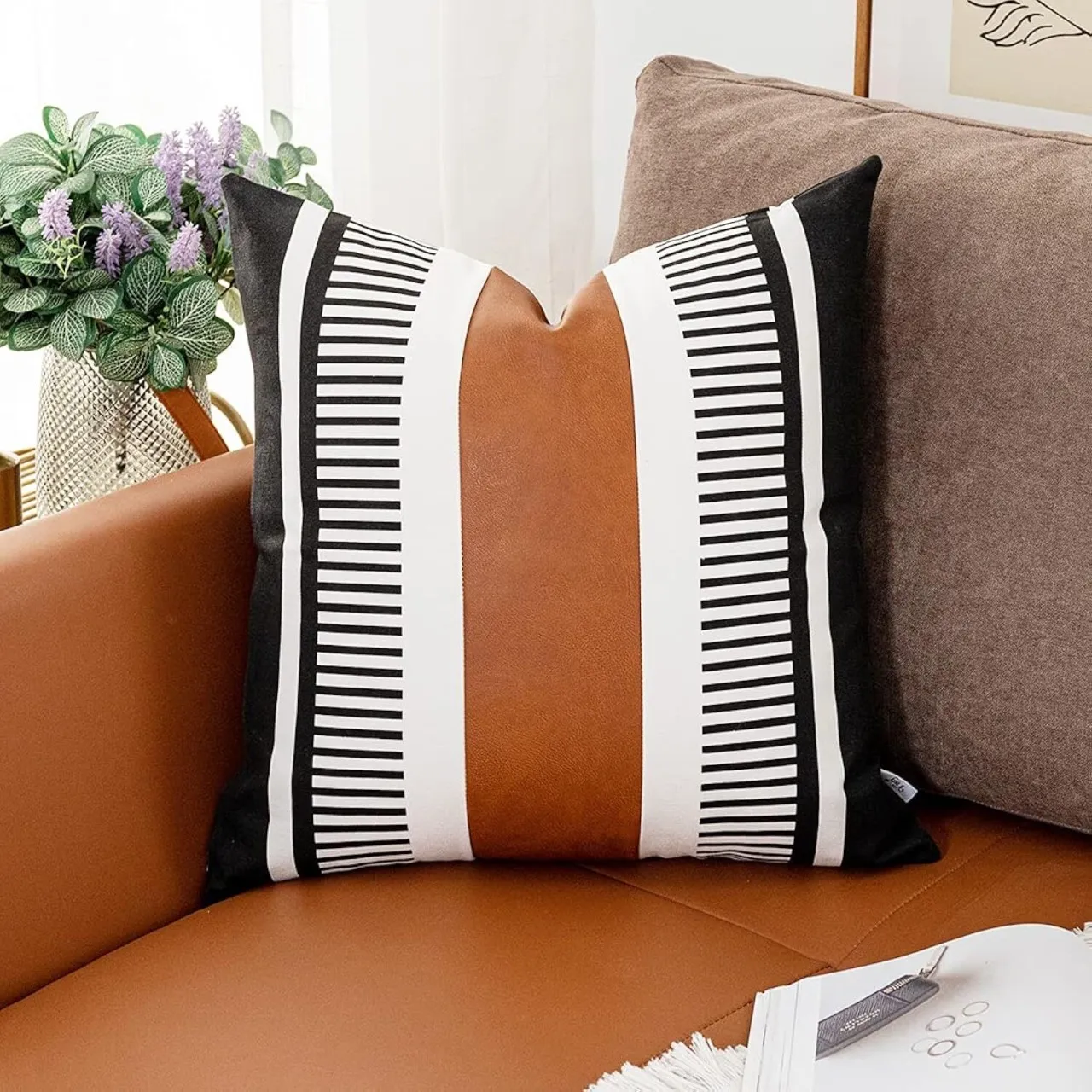 NEXUS Farmhouse Throw Pillow Covers for Couch Sofa Decorative Faux Leather Square Cushion Cover Tri…