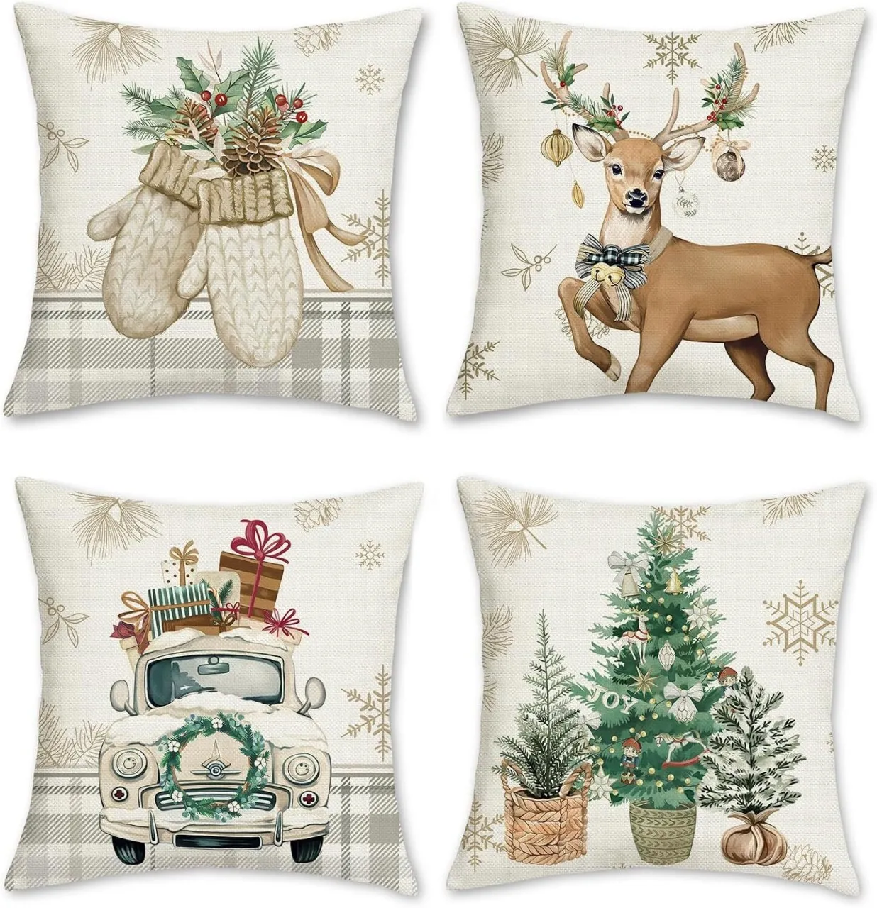 NEXUS Bonhause Winter Reindeer Throw Pillow Covers 18x18 Inch Tree Truck Gloves Winter Holiday Deco…