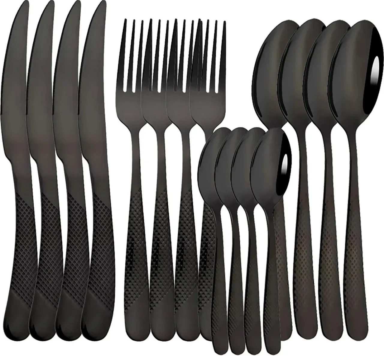 Huanix Black,16PCS Upscale Gold Dinnerware Set Stainless Steel Tableware Knife Fork Coffee Spoon Fl…