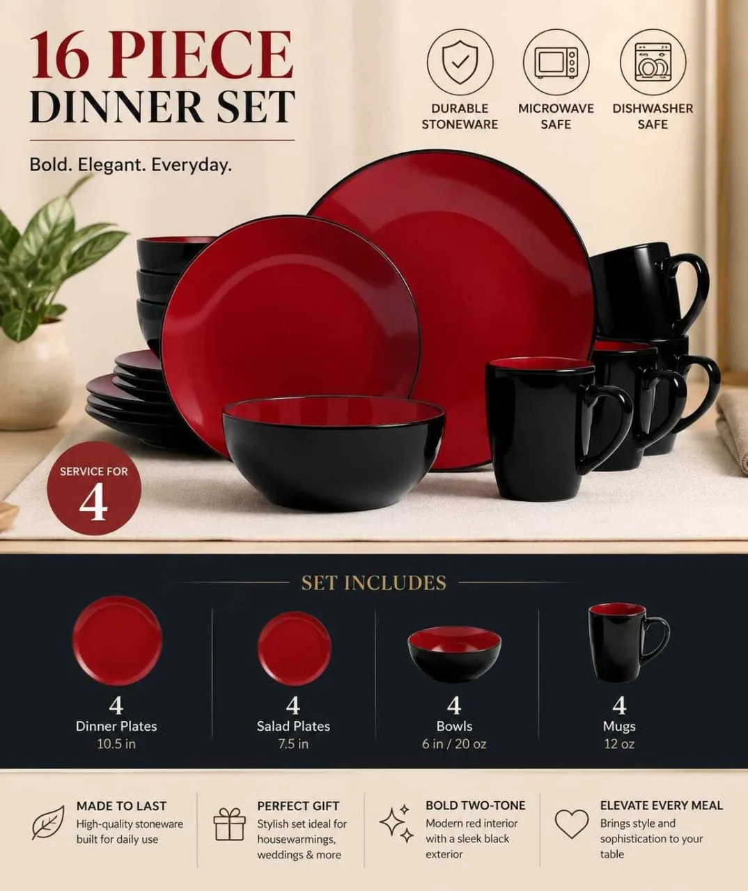XTRA VEE Pack of 16 Ceramic DS169RED Dinner Set
