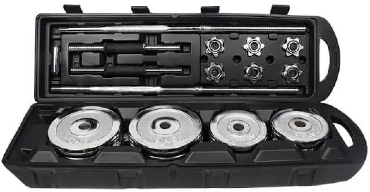 MTL 50KG Cast Iron Barbell and Dumbbell Set Portable Carry Case with Handle & Wheels / Adjustable D…
