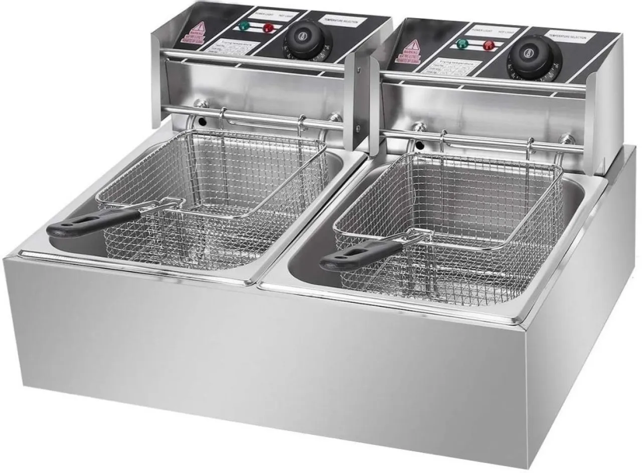 Delica Brushed Steel Dual Tank & Basket Hanger Rod 12 L Electric Deep Fryer