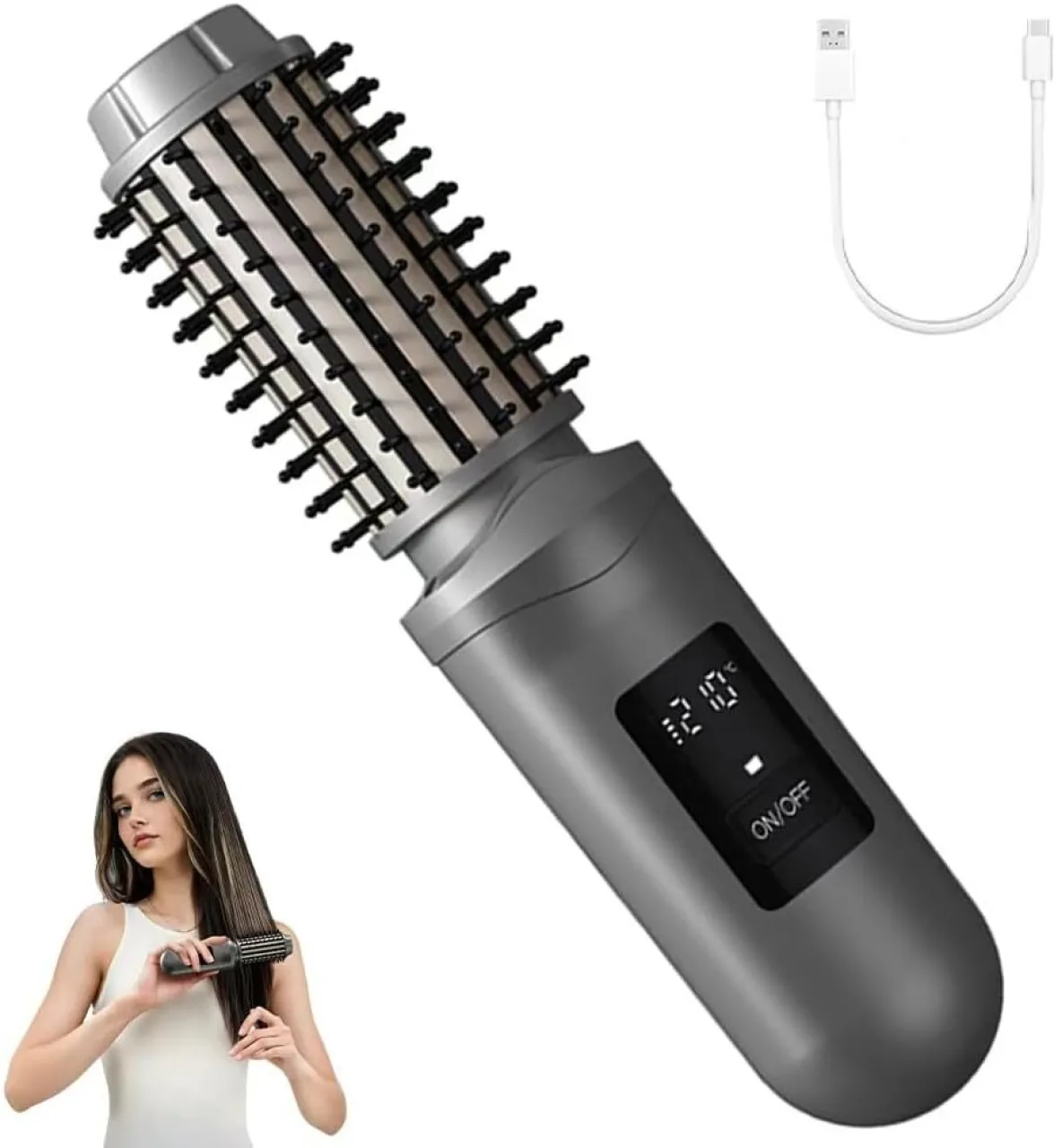 SHIJIN Cordless Hair Curling Iron Brush Rechargeable Battery-Powered, 3-in-1 Portable Hot Straighte…