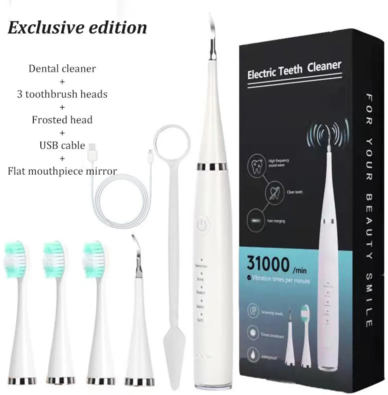 Moucles Professional Ultrasonic Dental Cleaner with 3 Brush Heads & Oral Mirror - USB Rechargeable …