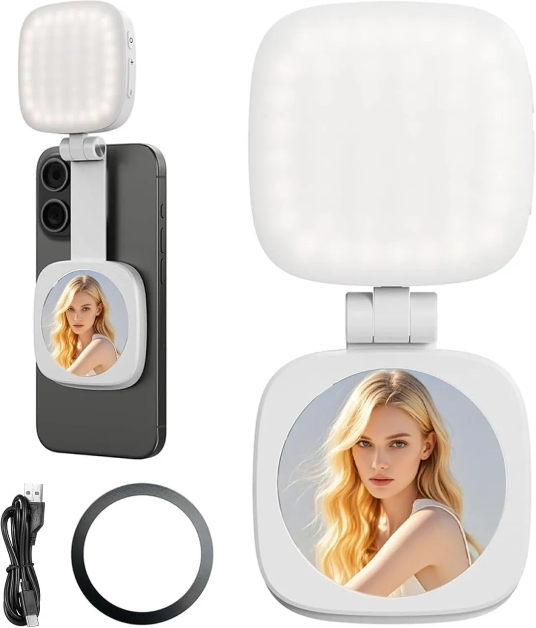SHIJIN Magnetic Selfie Light for Phone, 5 Modes, 48 LED, 360° Rotatable Phone Light with Foldable M…