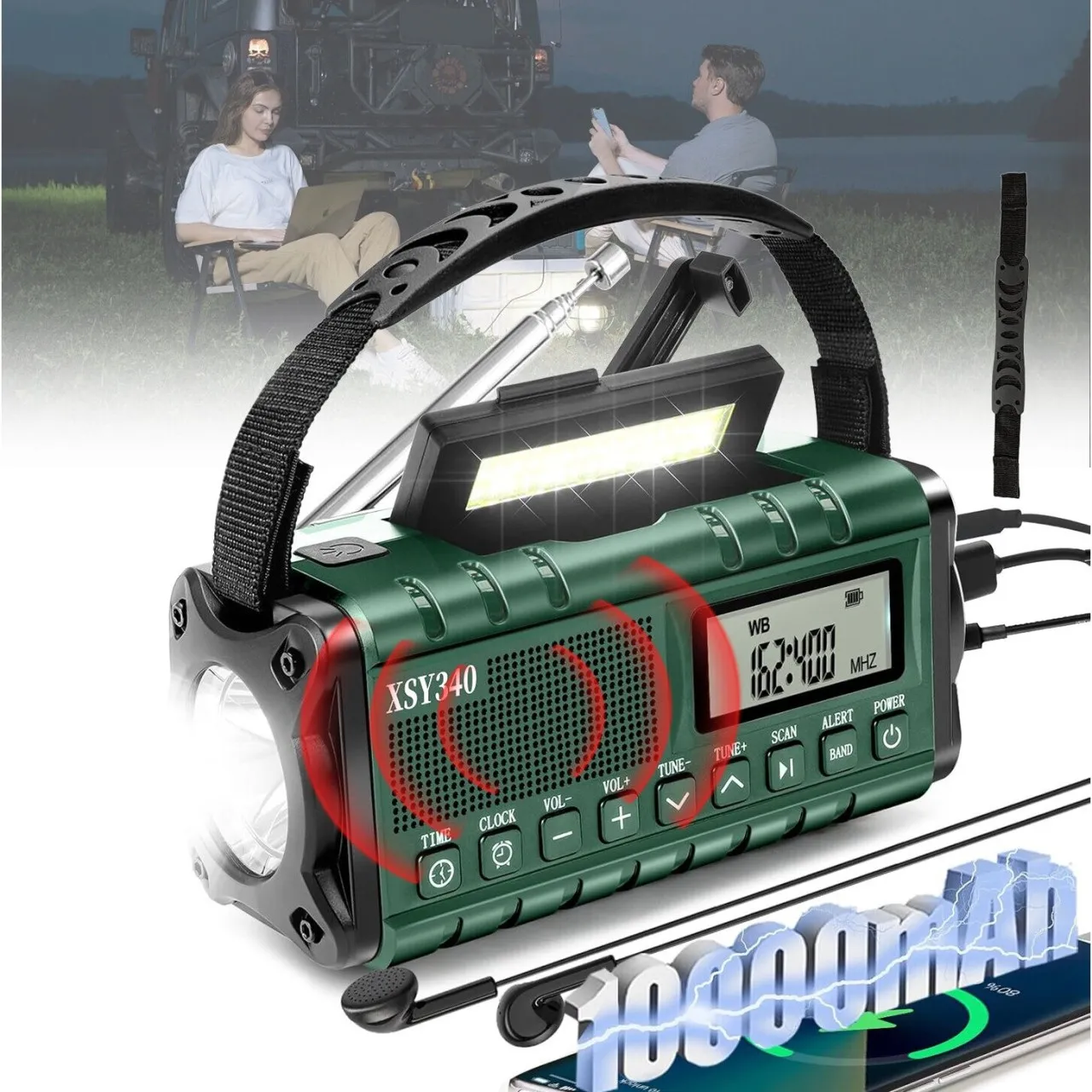 Bloo Emergency weather radio, LED flashlight, 4 charging modes, crank and solar power, USB charging…