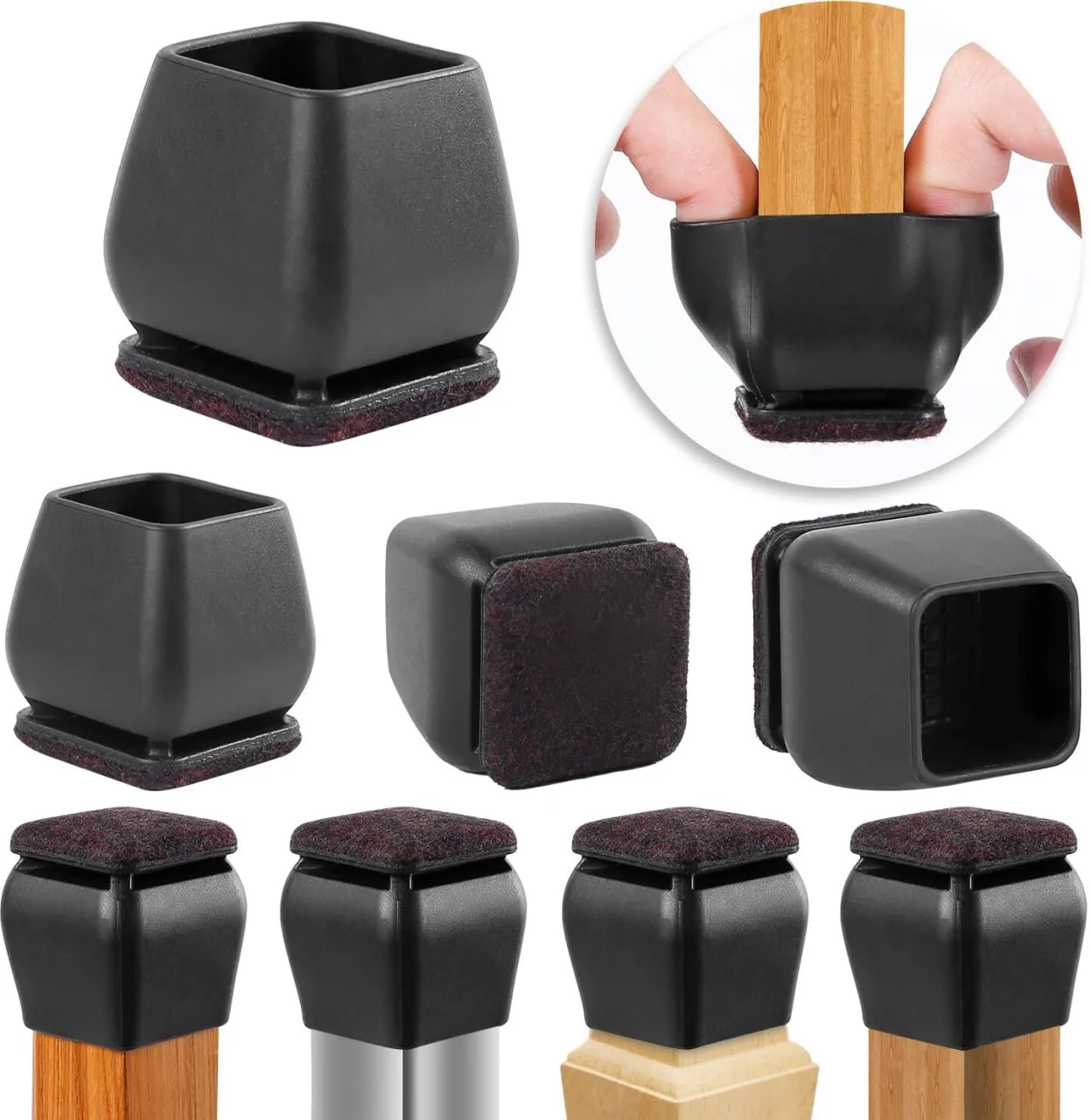 Tuochi 24 Pcs Square Silicone Chair Leg Floor Protectors for Wood Floors, Black Felt Furniture Pads…