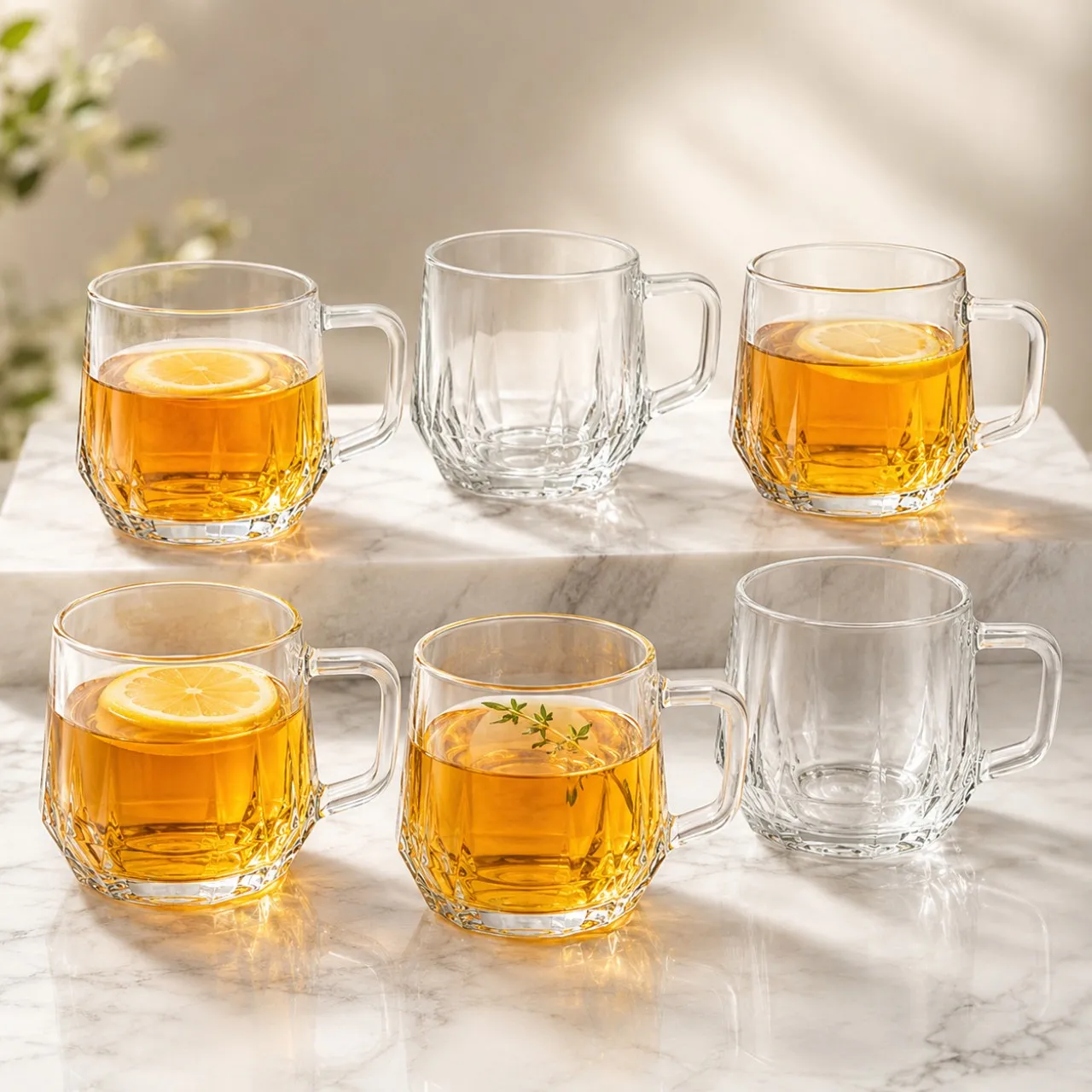 Wobuciko (Pack of 6) Clear Glass Mugs with Diamond-Cut Design, Set of 6 - 490ml Beer Mug Glass Set