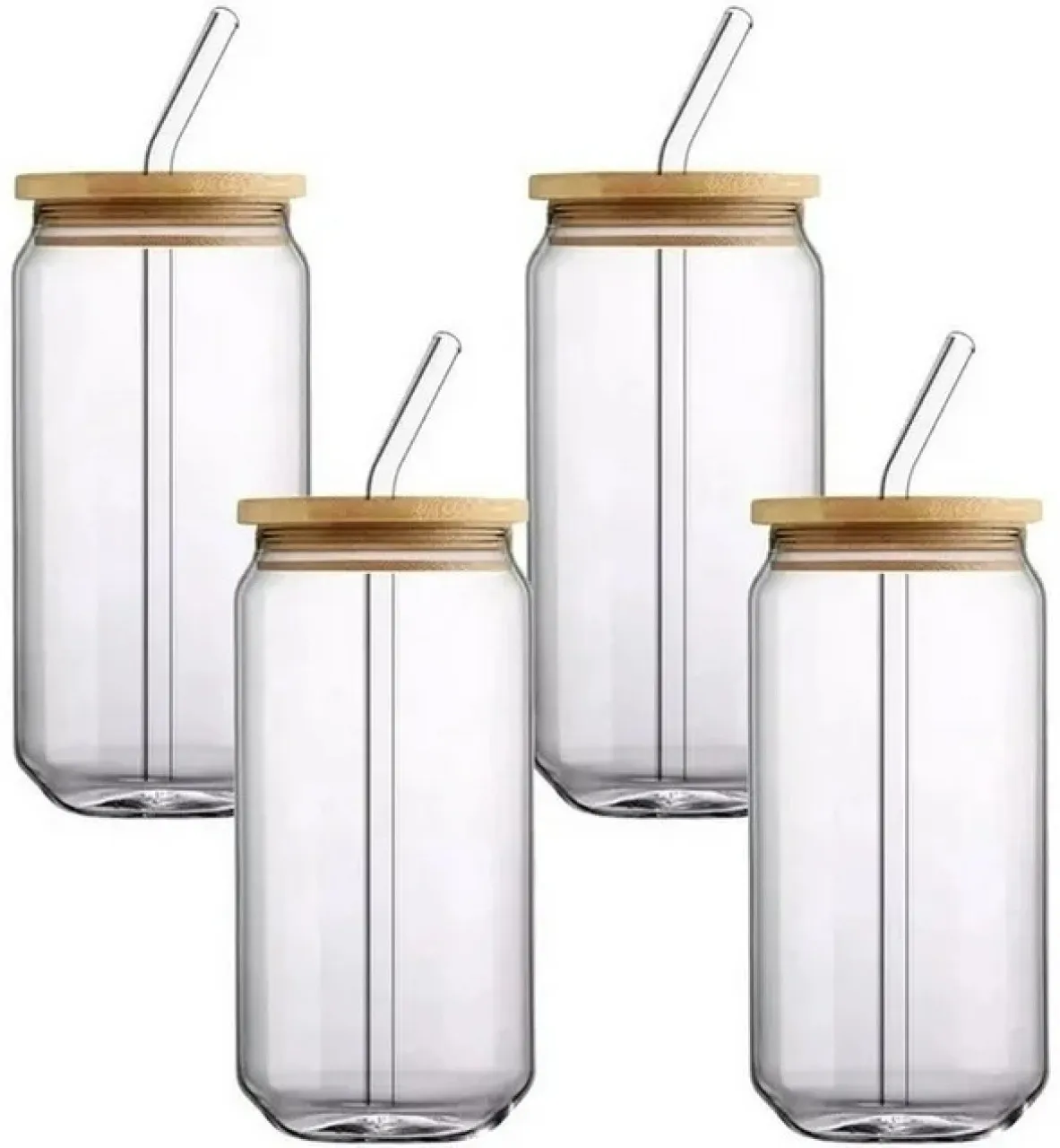 HomewareOnline (Pack of 4) 4pcs Glasses with Bamboo Lids and Glass Straw Water/Juice Glass Set Wate…