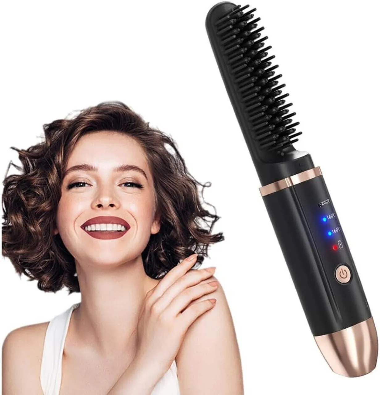 Bloo Electric straightening brush, compact comb, 160°C - 200°C, dual voltage, thick and flat comb H…