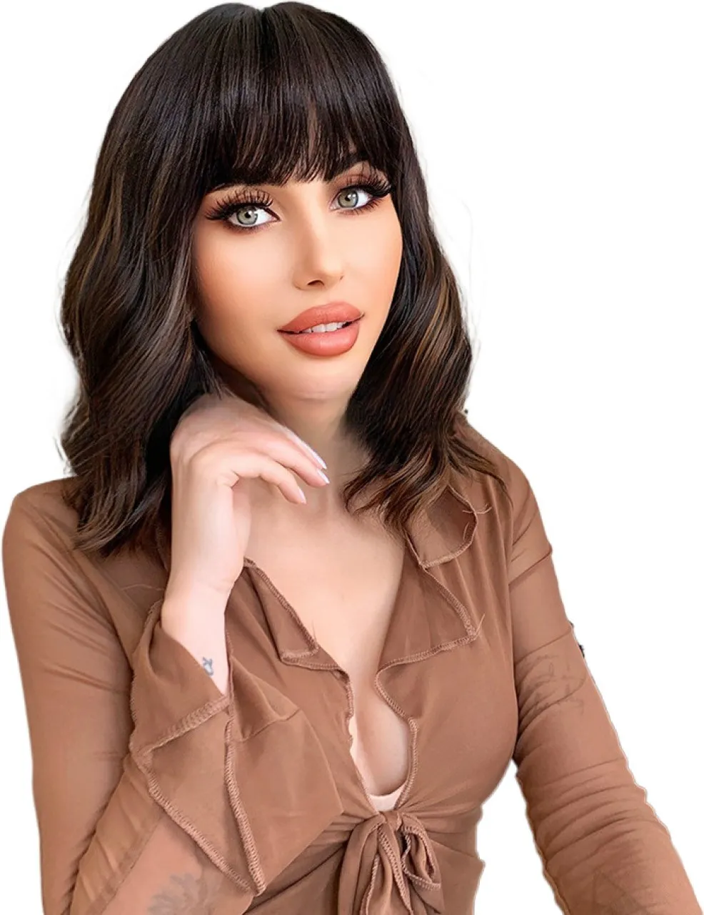 14-Inch Human Hair Bob Wig – Peruvian Black-Brown Blend Long Hair Wig