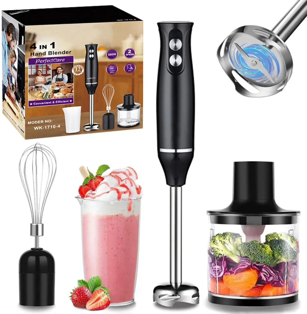 Bloo 4-in-1 handheld blender set, 500W, paper shredder vertical blender, stainless steel blades 101…