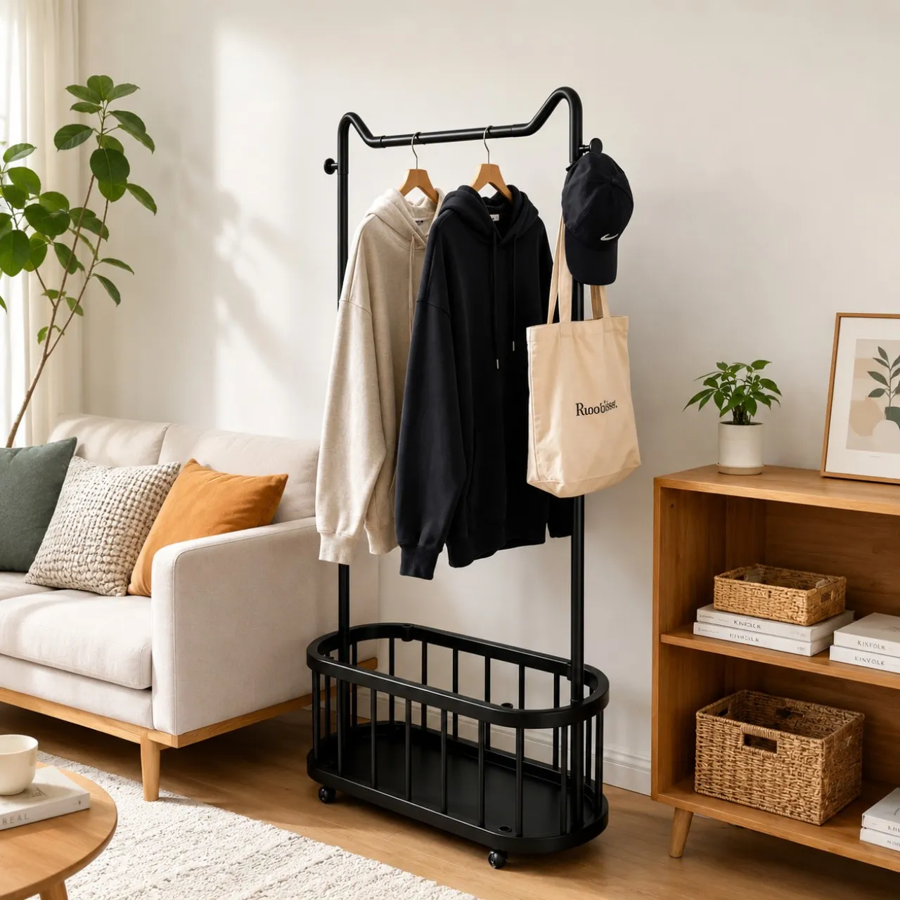 Artisyn Cat-ear rolling coat rack with wheels, freestanding coat rack for home storage. Steel Hange…
