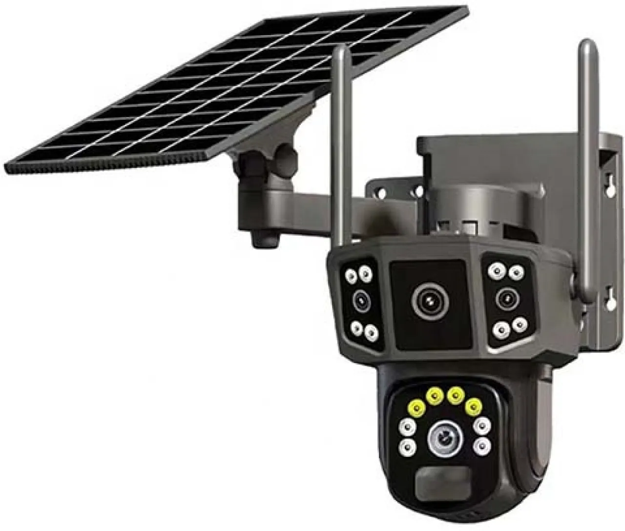 Maddox Grey Solar-Powered Triple-Lens 4G PTZ Outdoor Security Camera with Remote Pan & Tilt, Night …