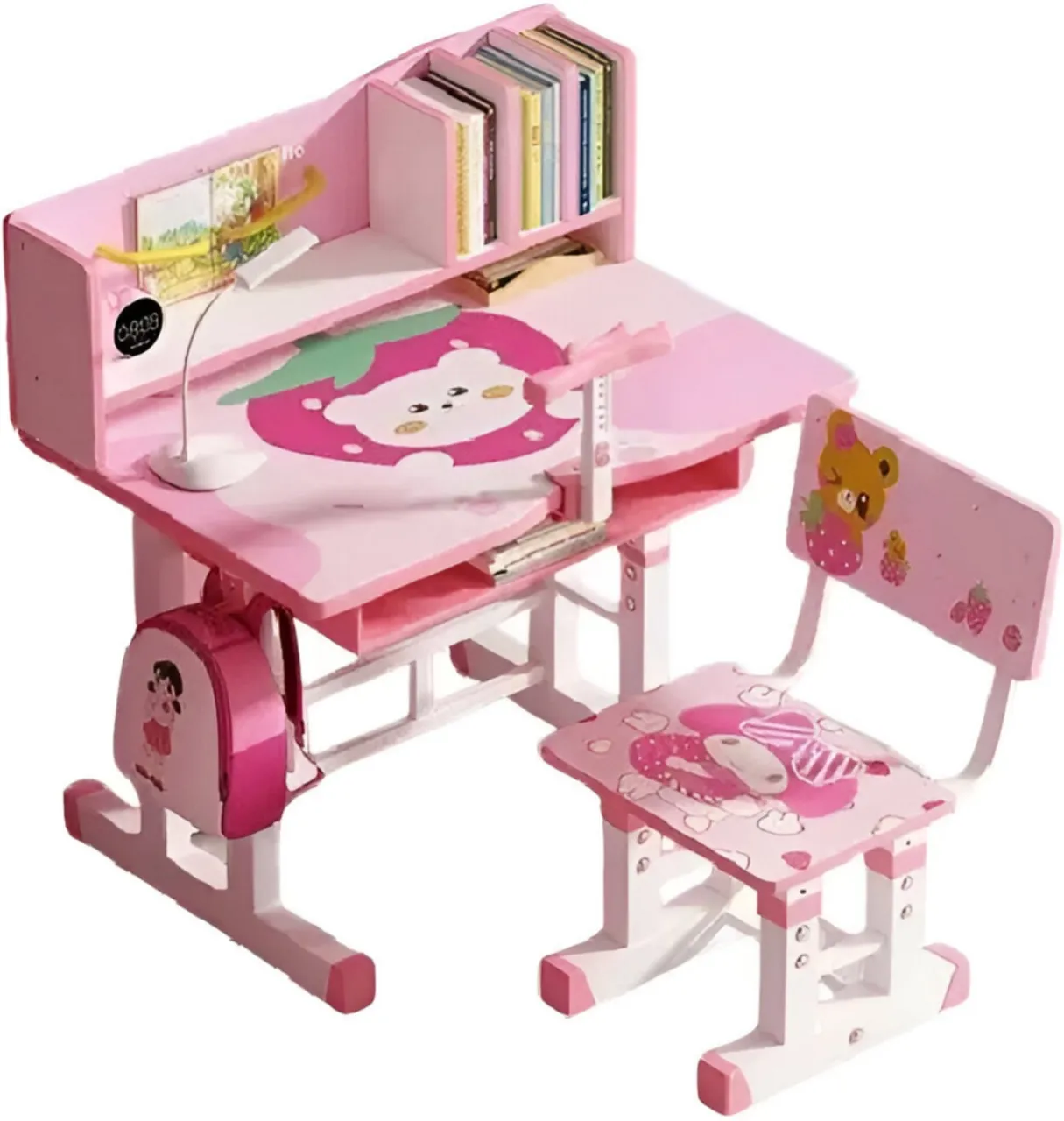 Generic Nordic Kid's Height Adjustable Cartoon Study Table With Shelves And Chair Solid Wood Study …
