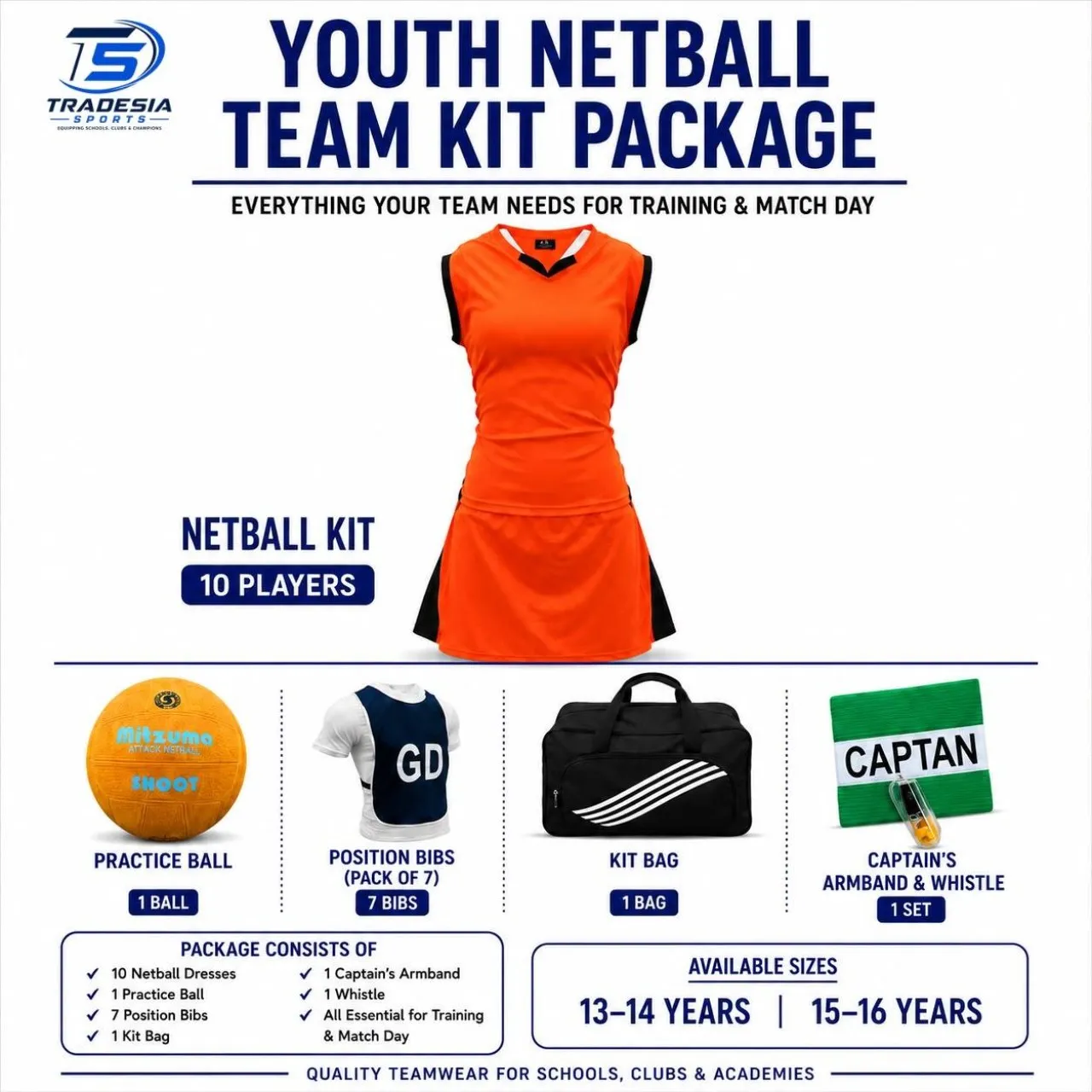 Tradesia Sports Netball Fire 13/16 Years with 10 Kits, Ball, Bibs,Bag, Captains Arm Band and Whistl…