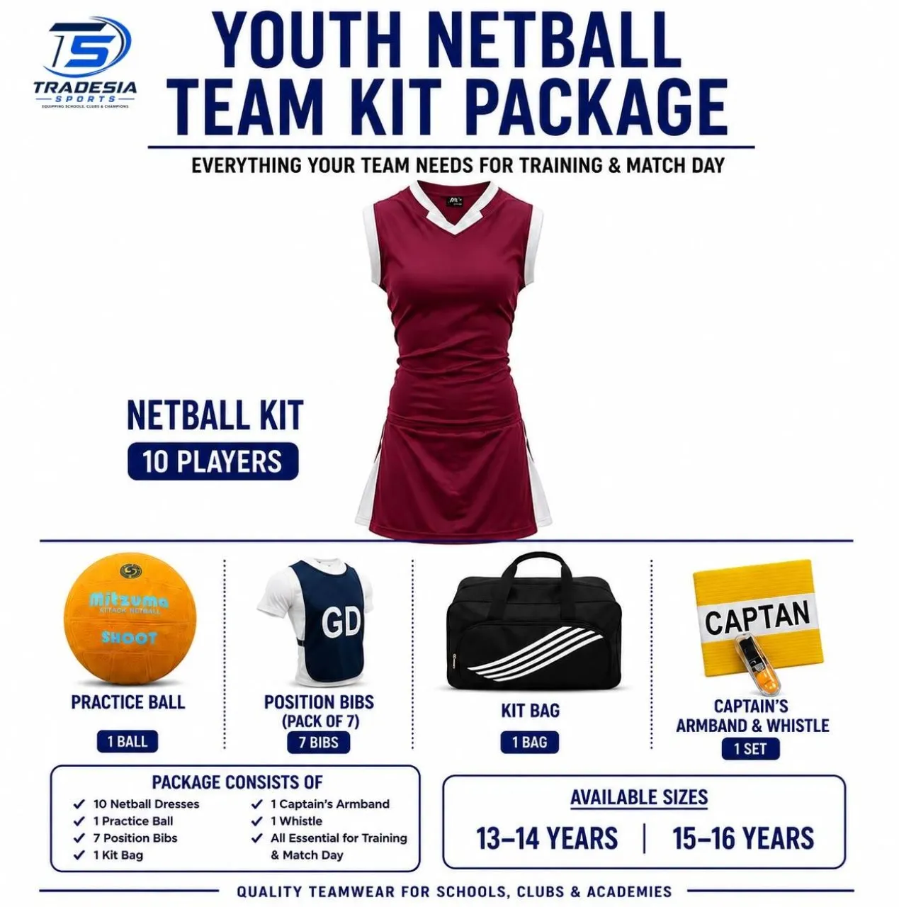 Tradesia Sports Netball Fire 13/16 Years with 10 Kits, Ball, Bibs,Bag, Captains Arm Band and Whistl…