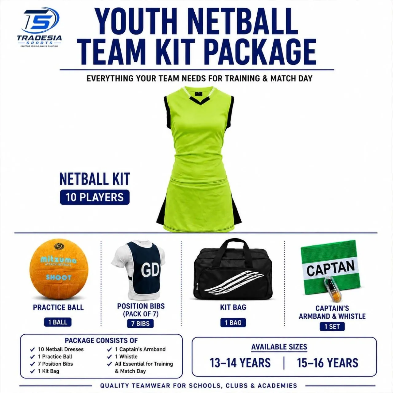 Tradesia Sports Netball Fire 13/16 Years with 10 Kits, Ball, Bibs,Bag, Captains Arm Band and Whistl…