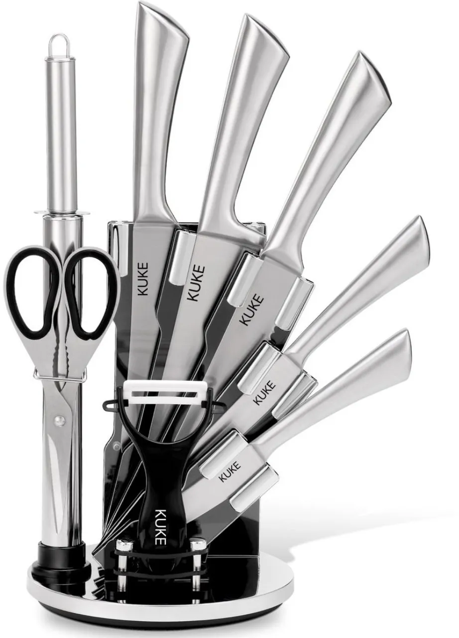 KUKE 1 Piece Stainless Steel Peeling, Cleaver, Chefs, Bread, Utility, Paring 9 Piece Knife Set with…